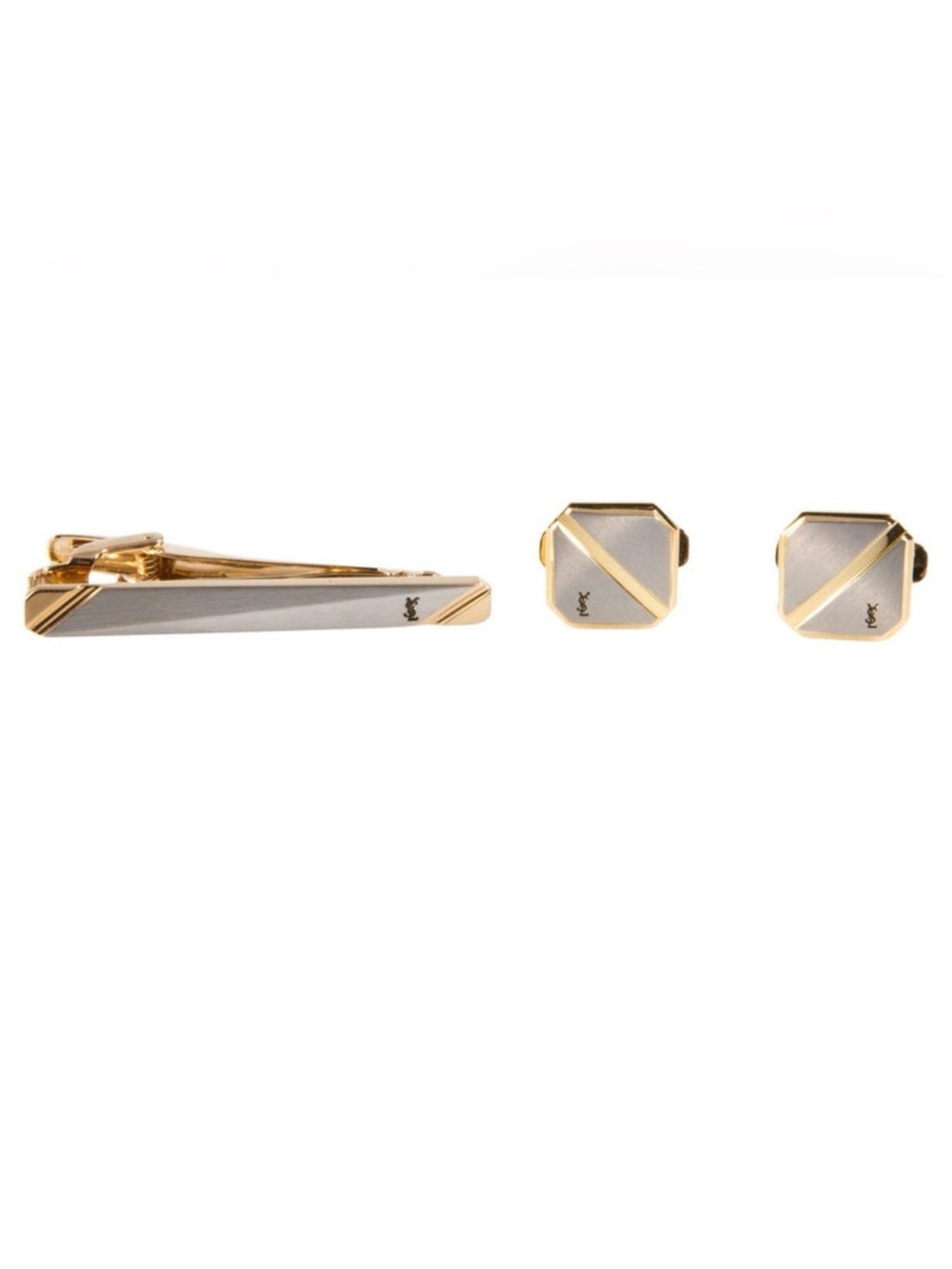 Vintage Saint Laurent Two-Tone Silver and Gold Cufflinks with Matching Tie Clip